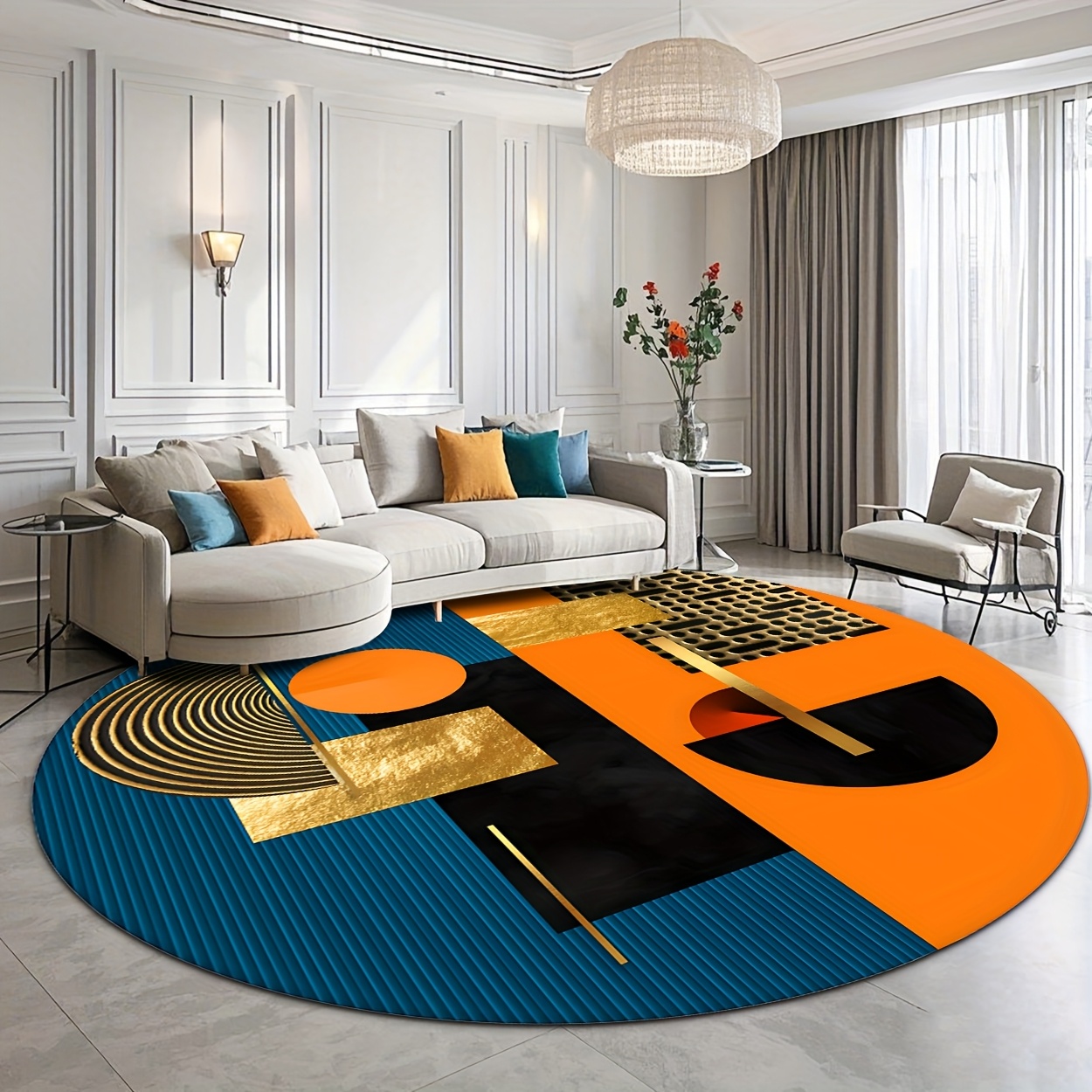 Orange Blue Gold Abstract Geom - Printed Rug Abstract ulasan dan harga