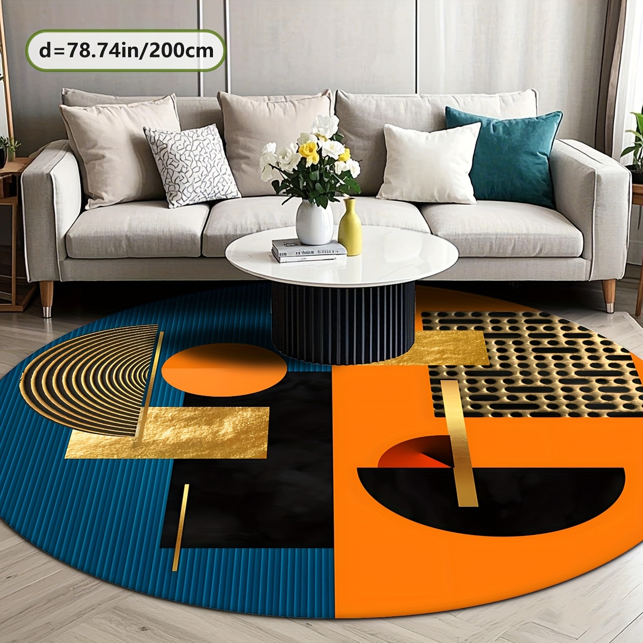 Orange Blue Gold Abstract Geom - Printed Rug Abstract ulasan dan harga