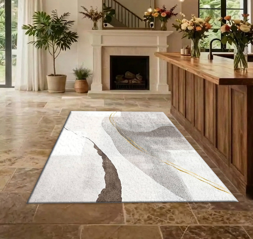 Neutral Grey Beige Gold Line A - Printed Rug Abstract ulasan dan harga