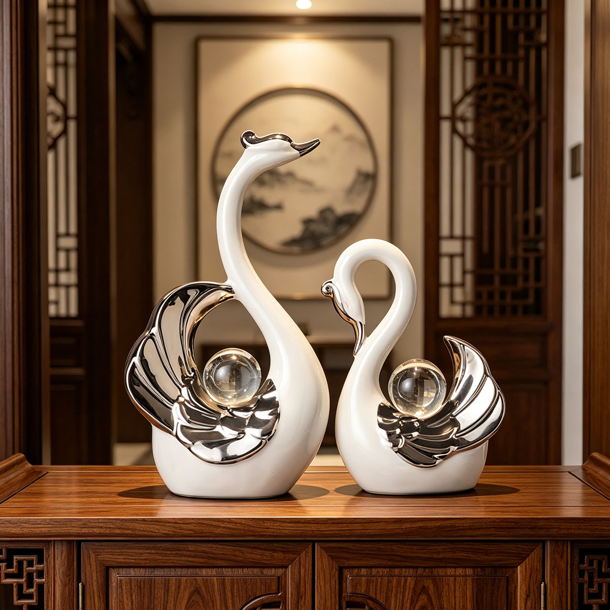Ceramic Couple Swan Ornament W - Interior Design Apartment ulasan dan harga