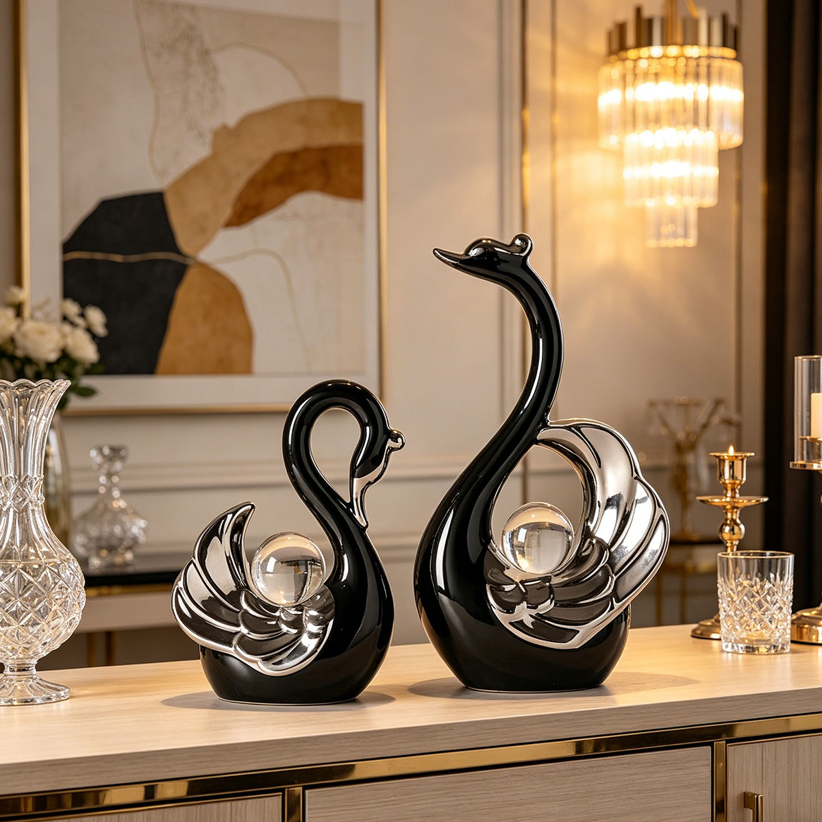 Ceramic Couple Swan Ornament W - Interior Design Apartment ulasan dan harga